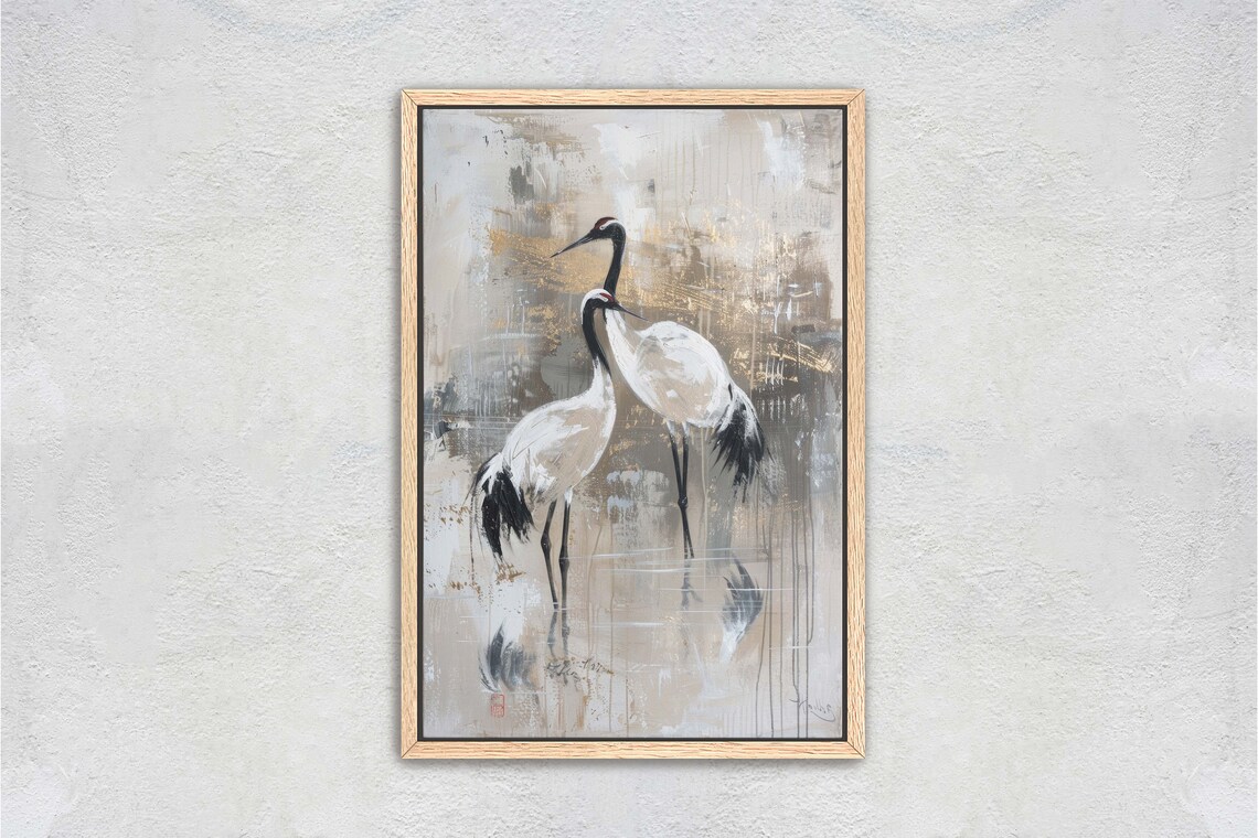 Pair of Japanese Cranes Gold Beige Minimalist Watercolor Art Poster - Image 2