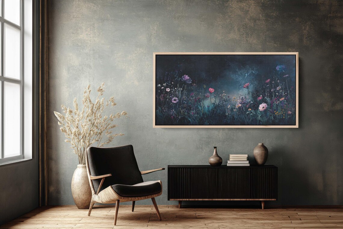 Moody Wildflowers At Night Dark Botanical Floral Meadow Poster - Image 3