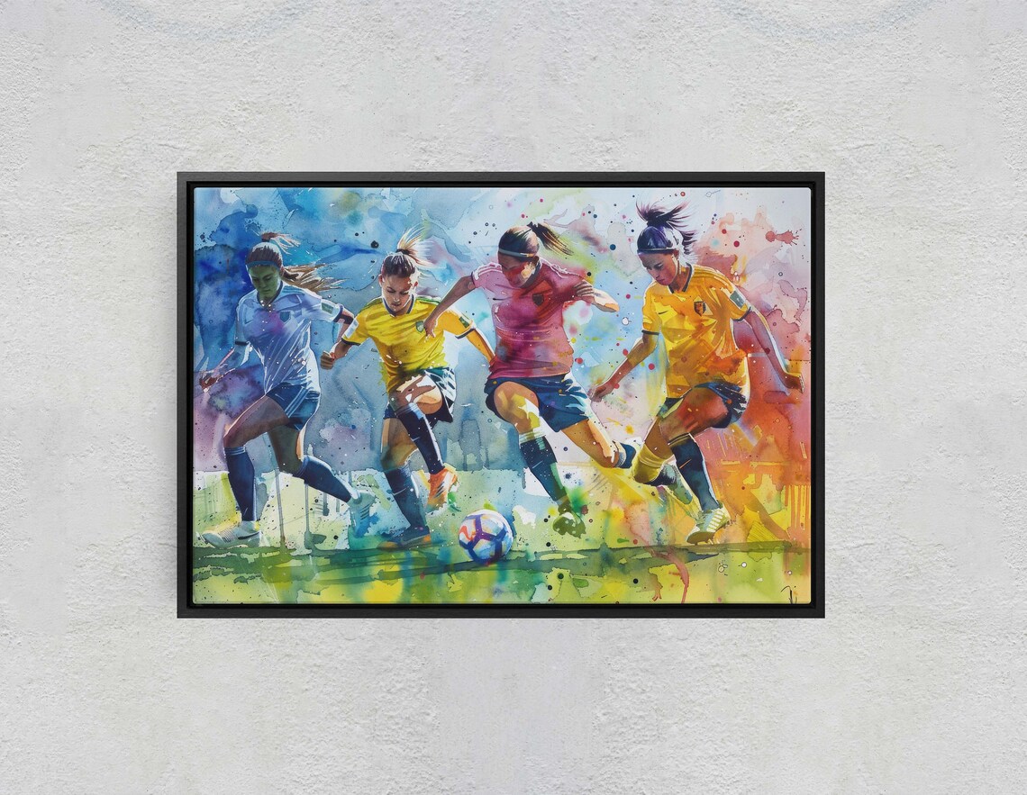 Womens Soccer Watercolor Players Action Vibrant Colorful Sports Poster - Image 2