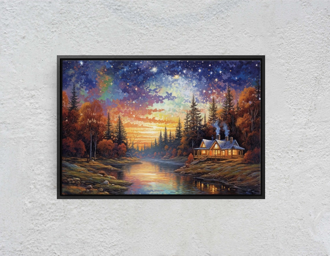 Starry Night Lake Cabin Forest Sunset Reflection Cozy Art Poster - Image 2