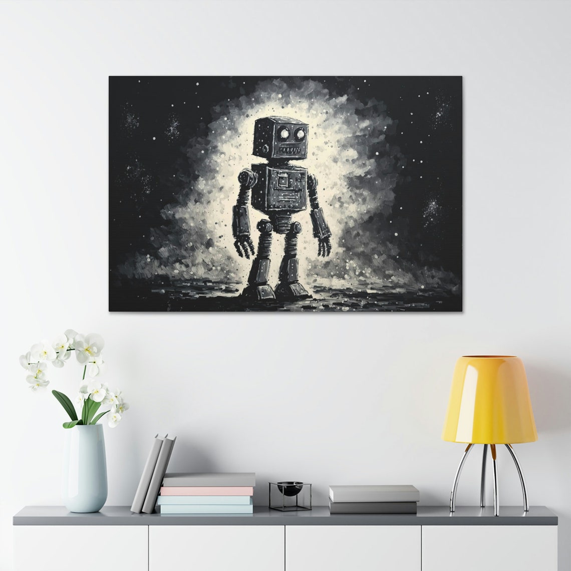 Robot Starry Night Art Ready To Hang Large Print Black And White - Image 2