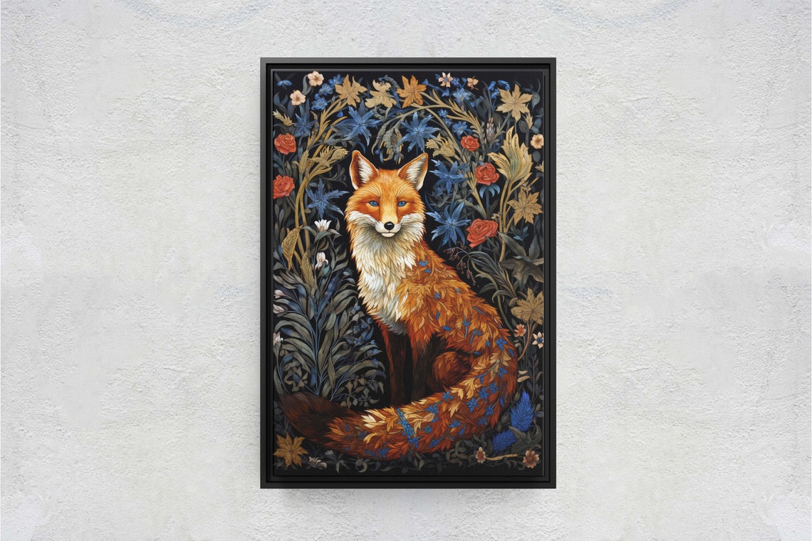 Red Fox Deep Navy Floral William Morris Inspired Botanical Art Poster - Image 2