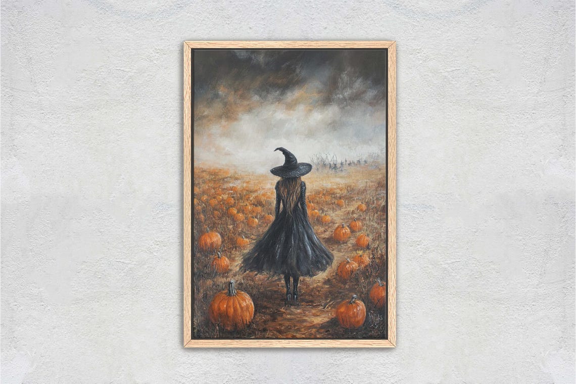 Witch Standing in Pumpkin Patch Moody Autumn Gothic Halloween Poster - Image 2