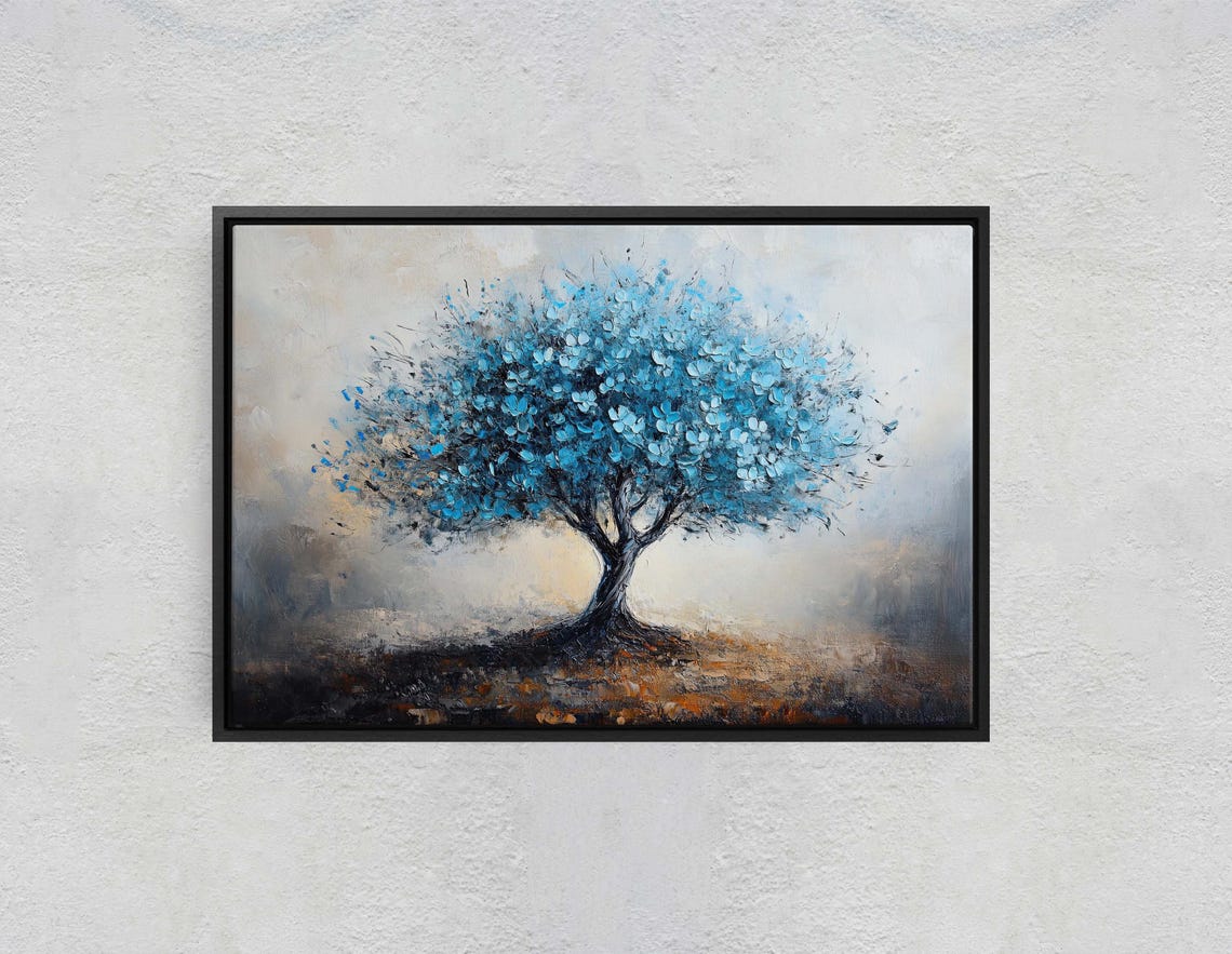 Blue Blossom Tree On Misty Beige Fantasy Floral Wall Art Poster