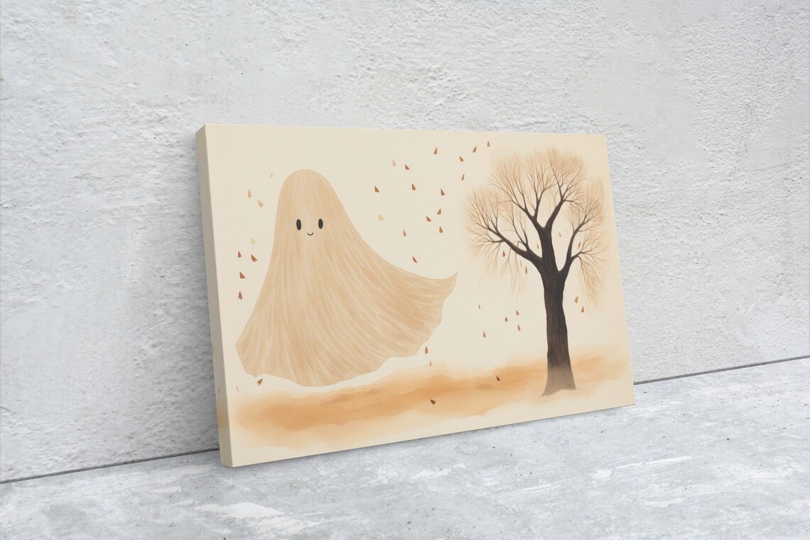 Cute Friendly Ghost Falling Leaves Bare Tree Cream Halloween Art Poster - Image 2