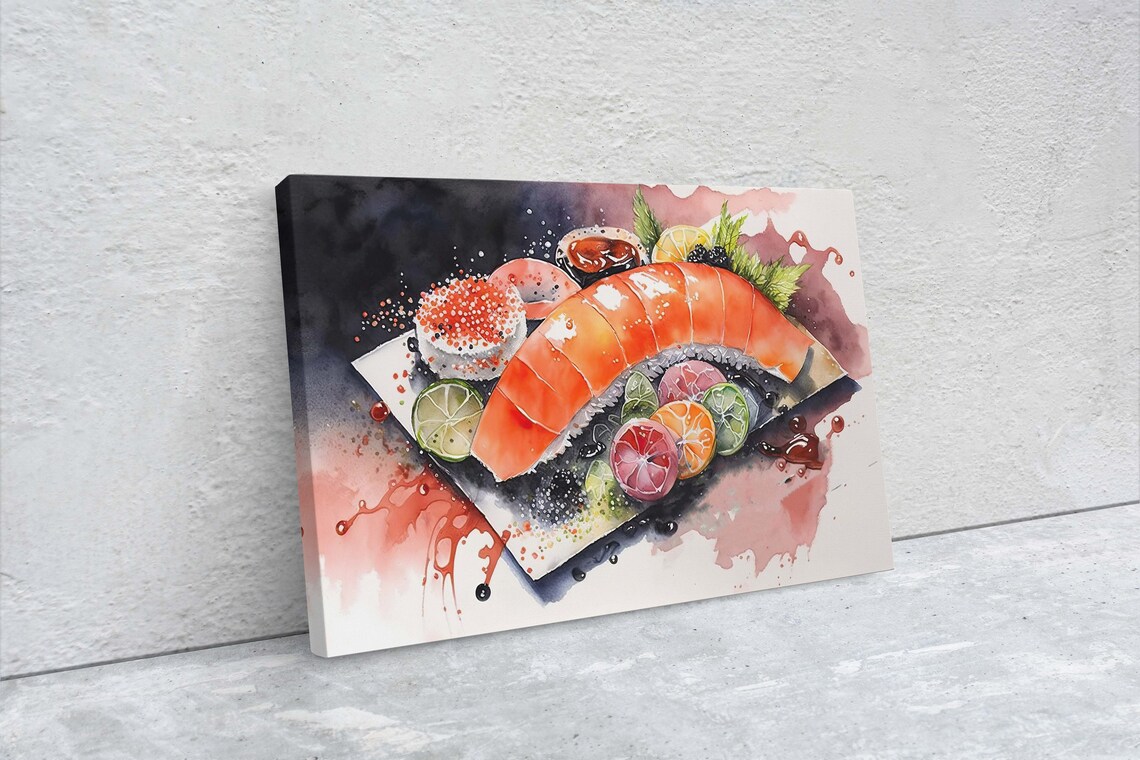 Watercolor Salmon Nigiri Sushi Platter Japanese Kitchen Decor Poster - Image 2