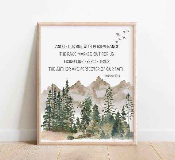 Hebrews 1212 Let Us Run The Race With Perseverance Bible Verse Wall Art Scripture Print Christian Gift Watercolor Mountain Wilderness