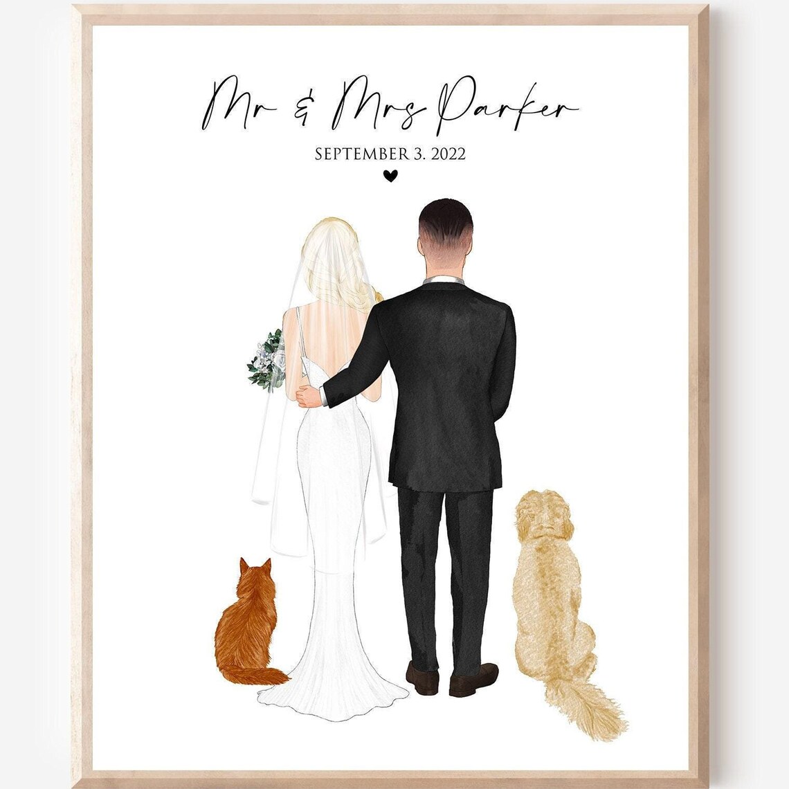Couple With Dog And Cat, Wedding Gift Art Print