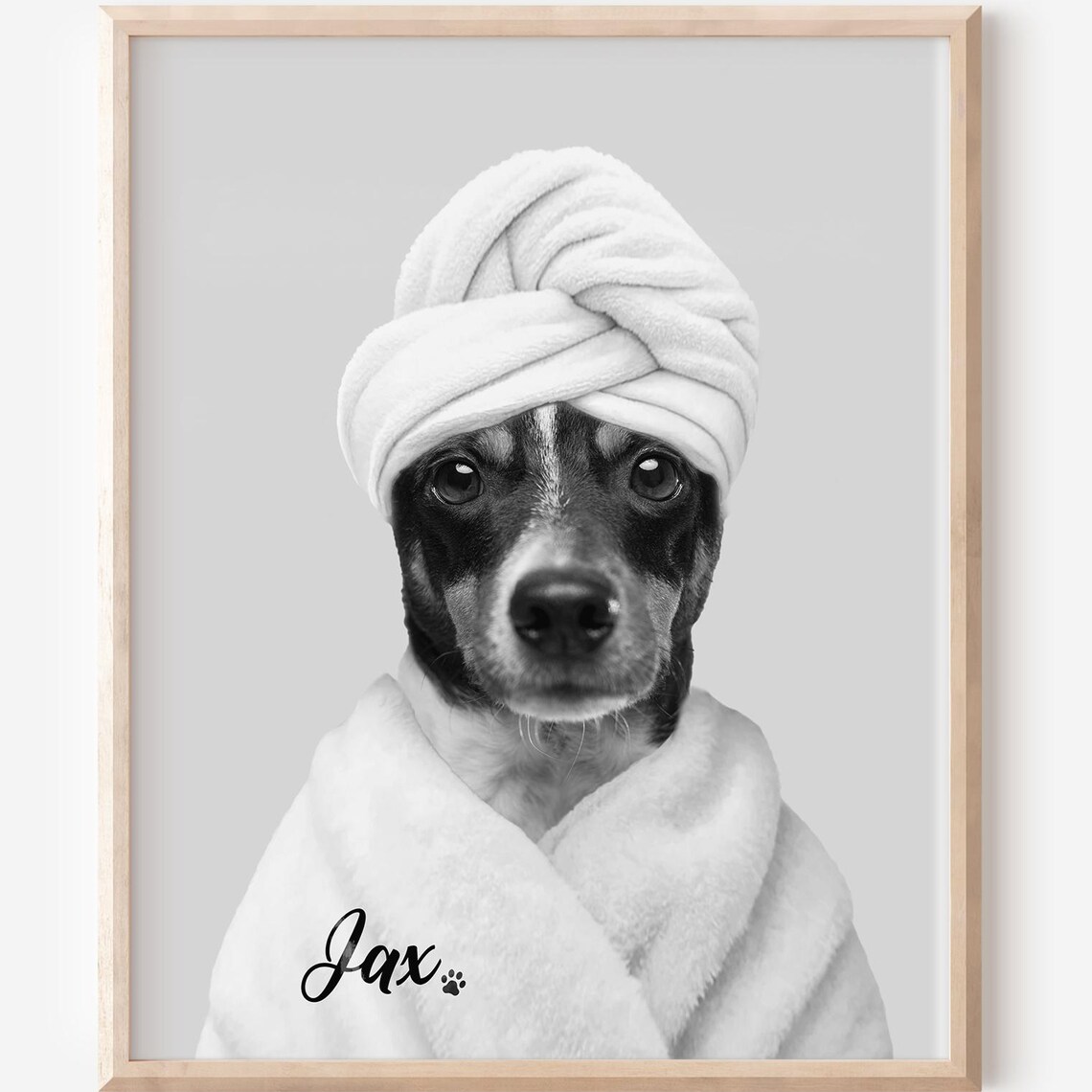 Small Dog in Bathrobe Towel Turban Custom Name Funny Pet Poster