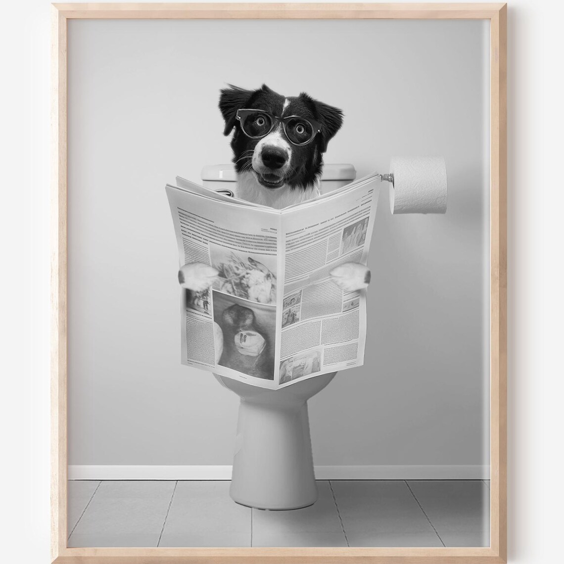 Funny Dog Reading Newspaper on Toilet Wearing Glasses Poster