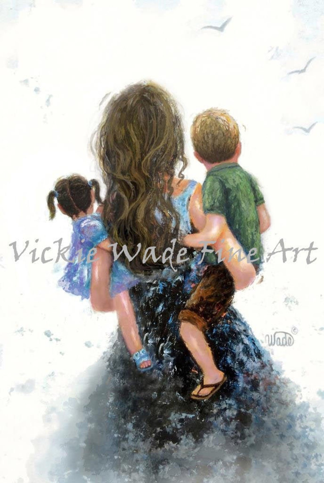 Mother Carrying Her Two Small Children Seen from Behind Poster