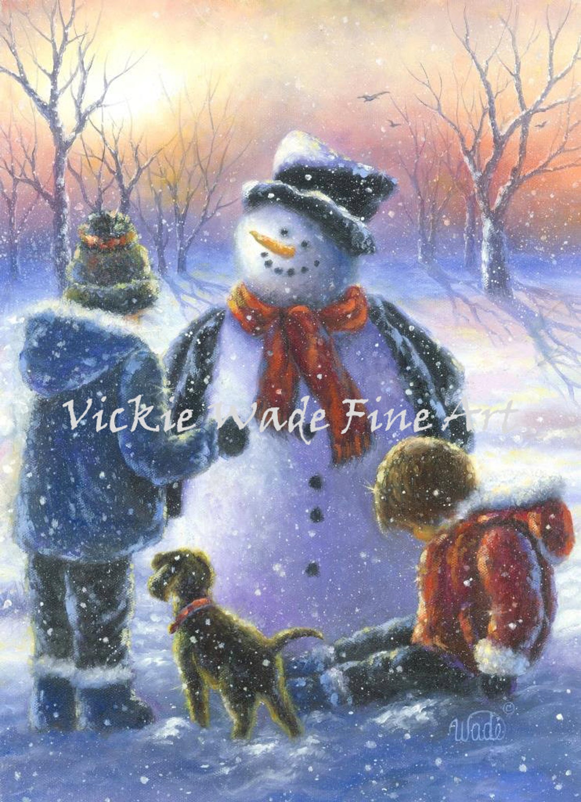 Snowman Art Print Boy And Girl In Snow Brother And Sister Snowman Painting Snowman Images Snowman Wall Art Children Vickie Wade Art
