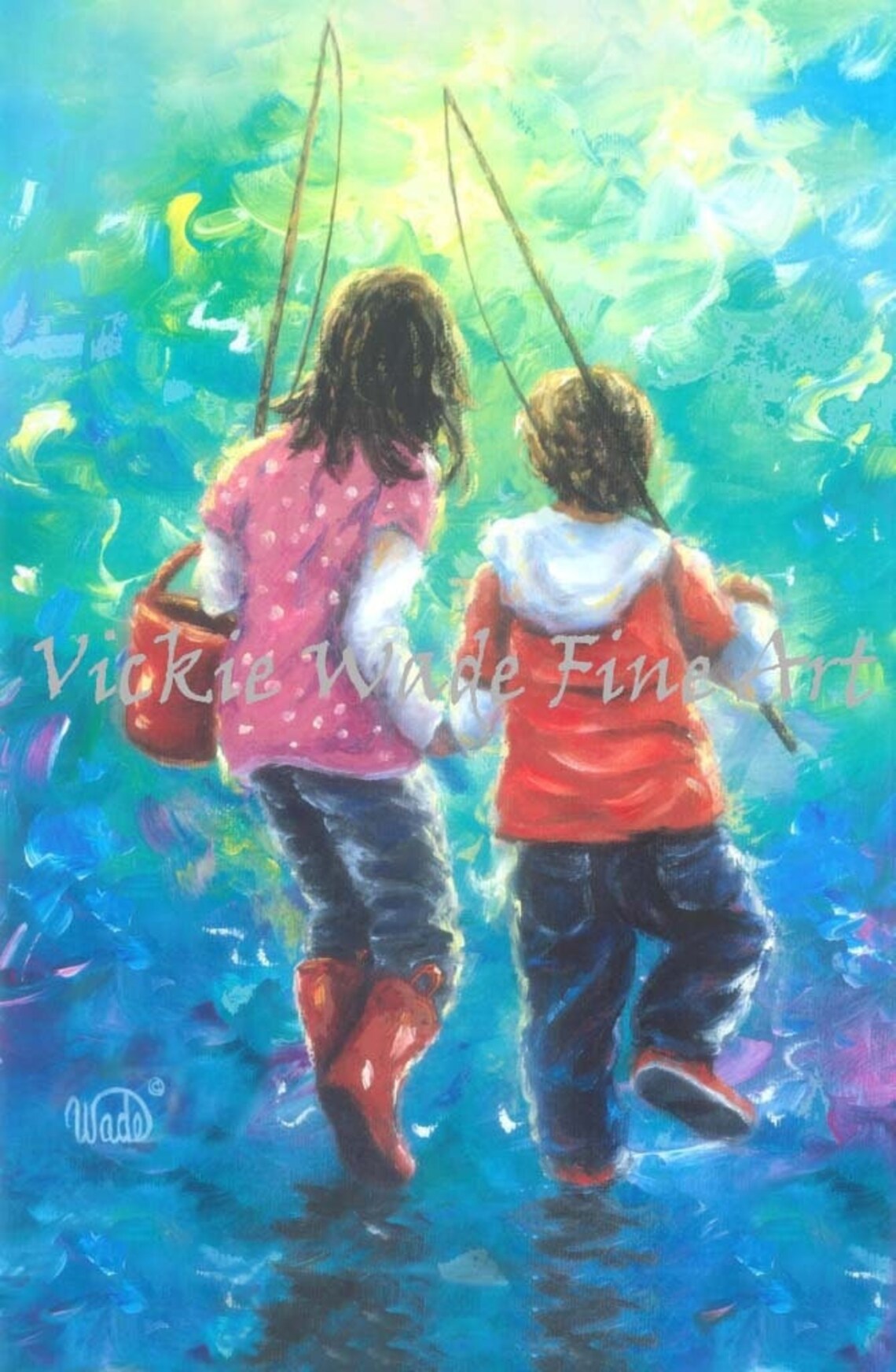 Big Sister and Little Brother Walking Off to Go Fishing Poster