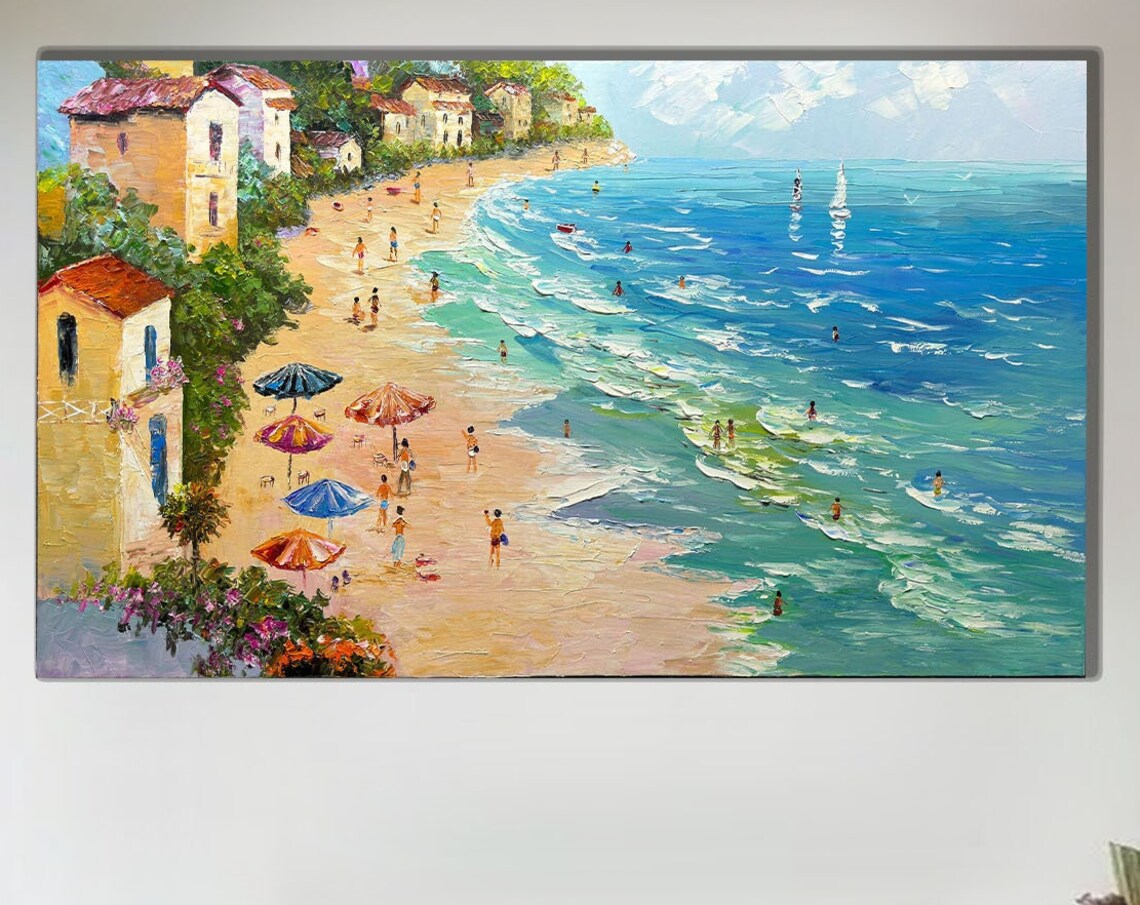 Sunny Mediterranean Beach Seaside Town Umbrellas Coastal Party Poster