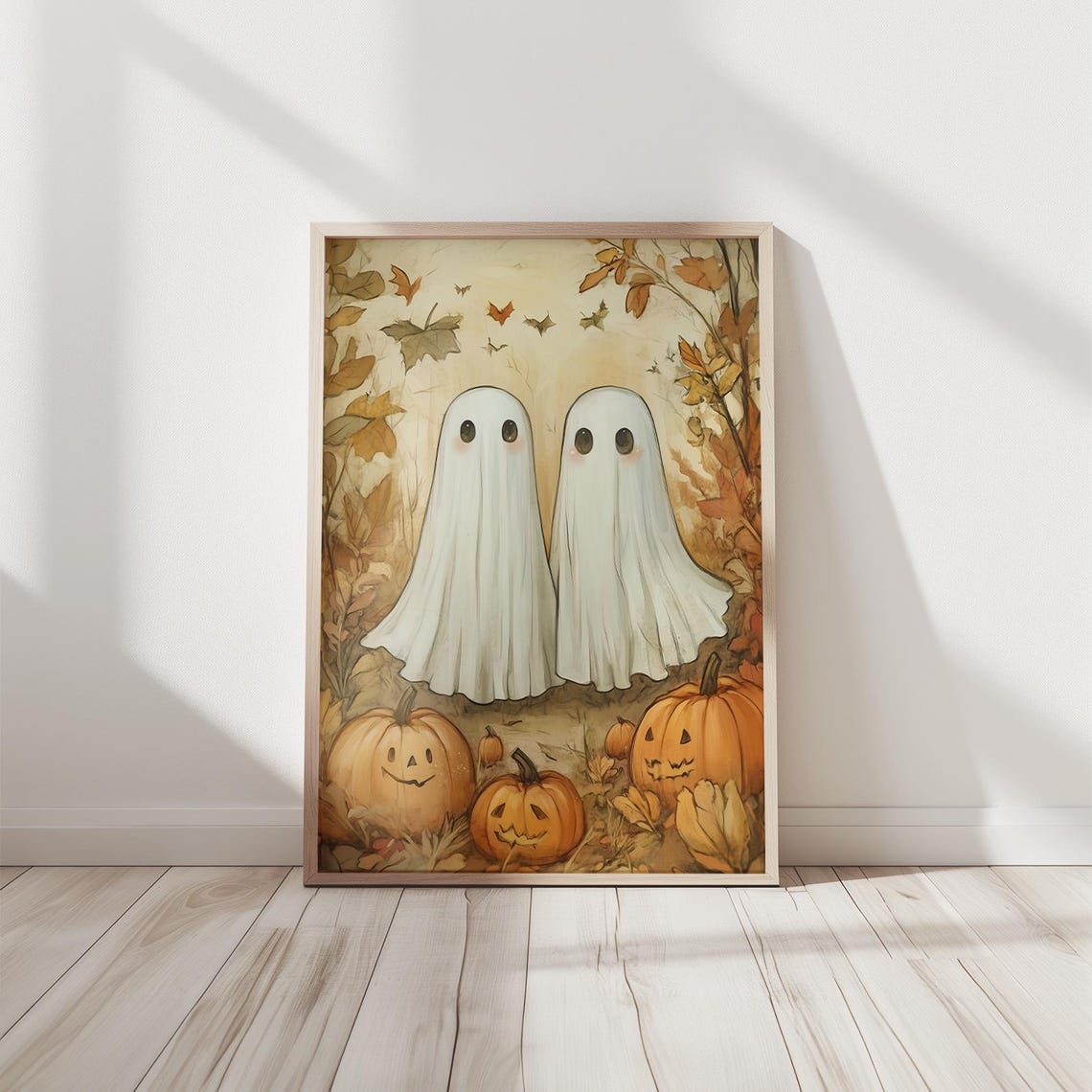 Two Cute Ghosts with Pumpkins Autumn Leaves Halloween Wall Art