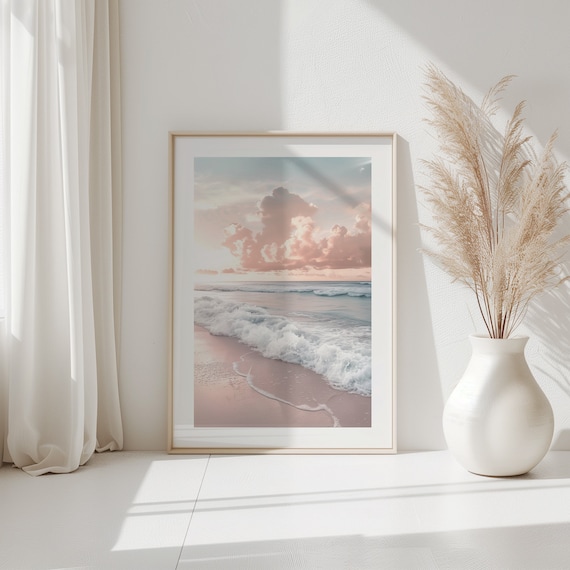 Pink Sunset Beach Waves Pastel Coastal Photography Serene Wall Decor Poster