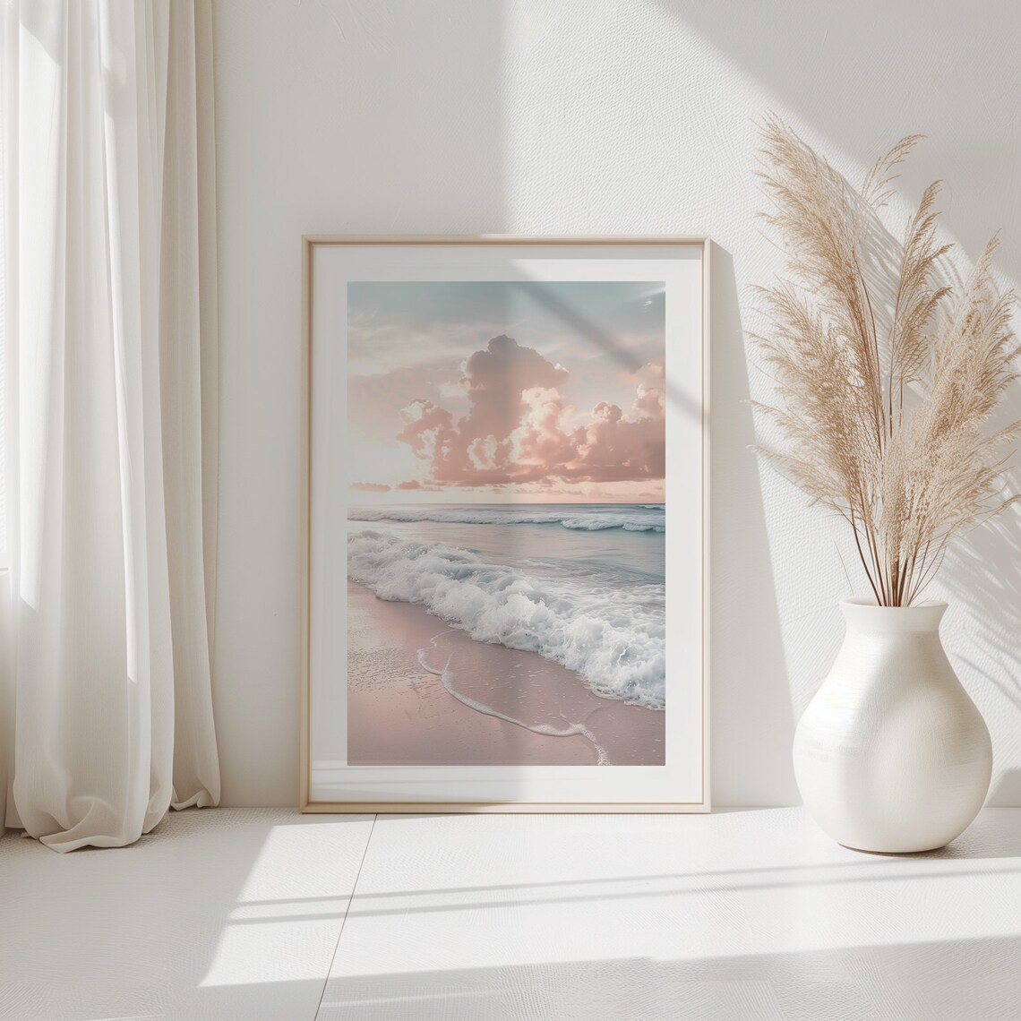 Pink Sunset Beach Waves Pastel Coastal Photography Serene Wall Decor Poster