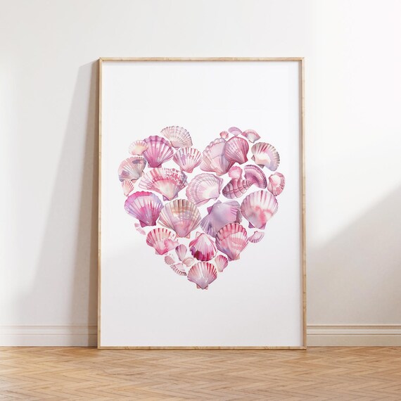 Blush Pink Seashell Heart Coastal Watercolor Boho Summer Wall Art