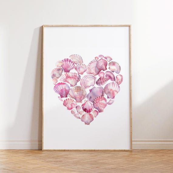 Light Pink Seashells Heart Coastal Wall Art Print Beach Cute Summer Poster Ocean Minimalist Boho