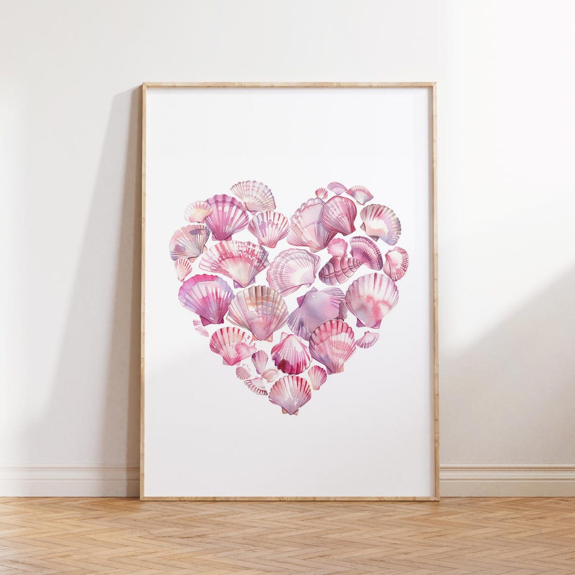 Blush Pink Seashell Heart Coastal Watercolor Boho Summer Wall Art