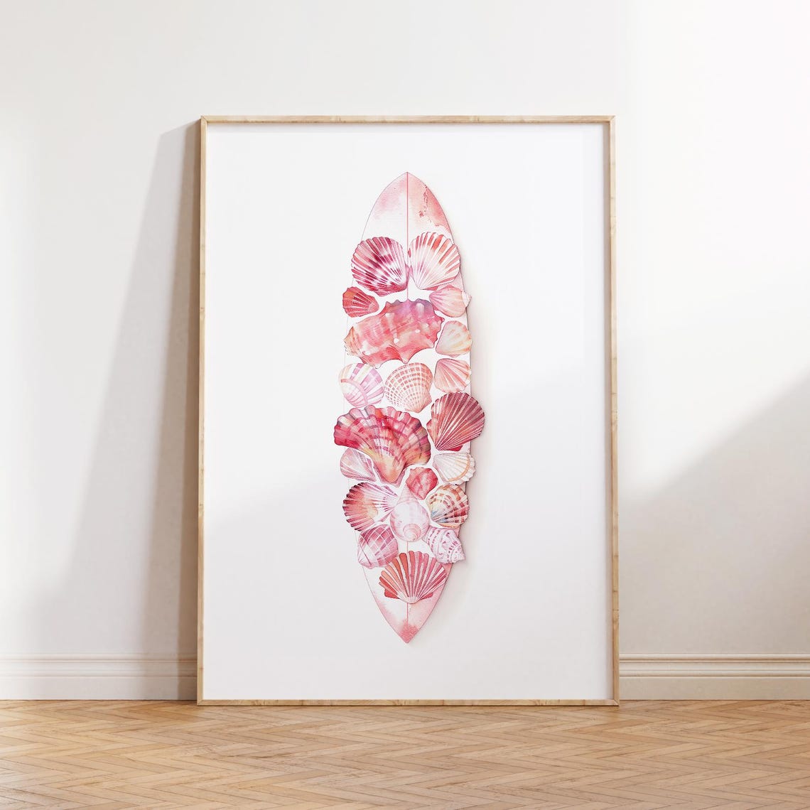 Pink Seashells Surfboard Watercolor Coastal Decorative Art Print