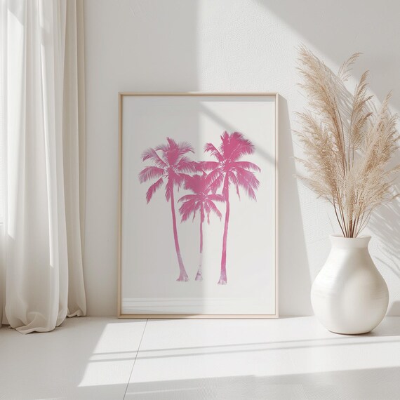 Pink Palm Tree Trio Minimalist Boho Coastal Silhouette Art Poster