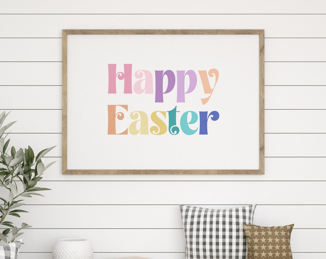 Happy Easter Pastel Retro Colorful Lettering Spring Holiday Art Print