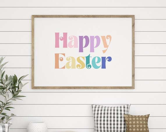 Happy Easter Pastel Retro Colorful Lettering Spring Holiday Art Print