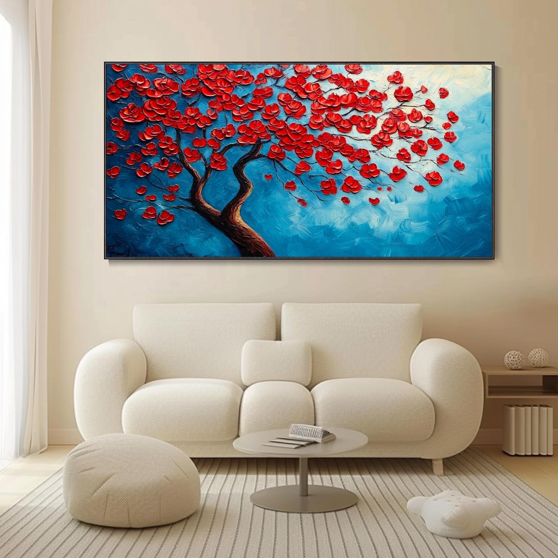 Red Blossom Tree Blue Sky Bold Floral Panoramic Oil Painting Wall Art - Image 4