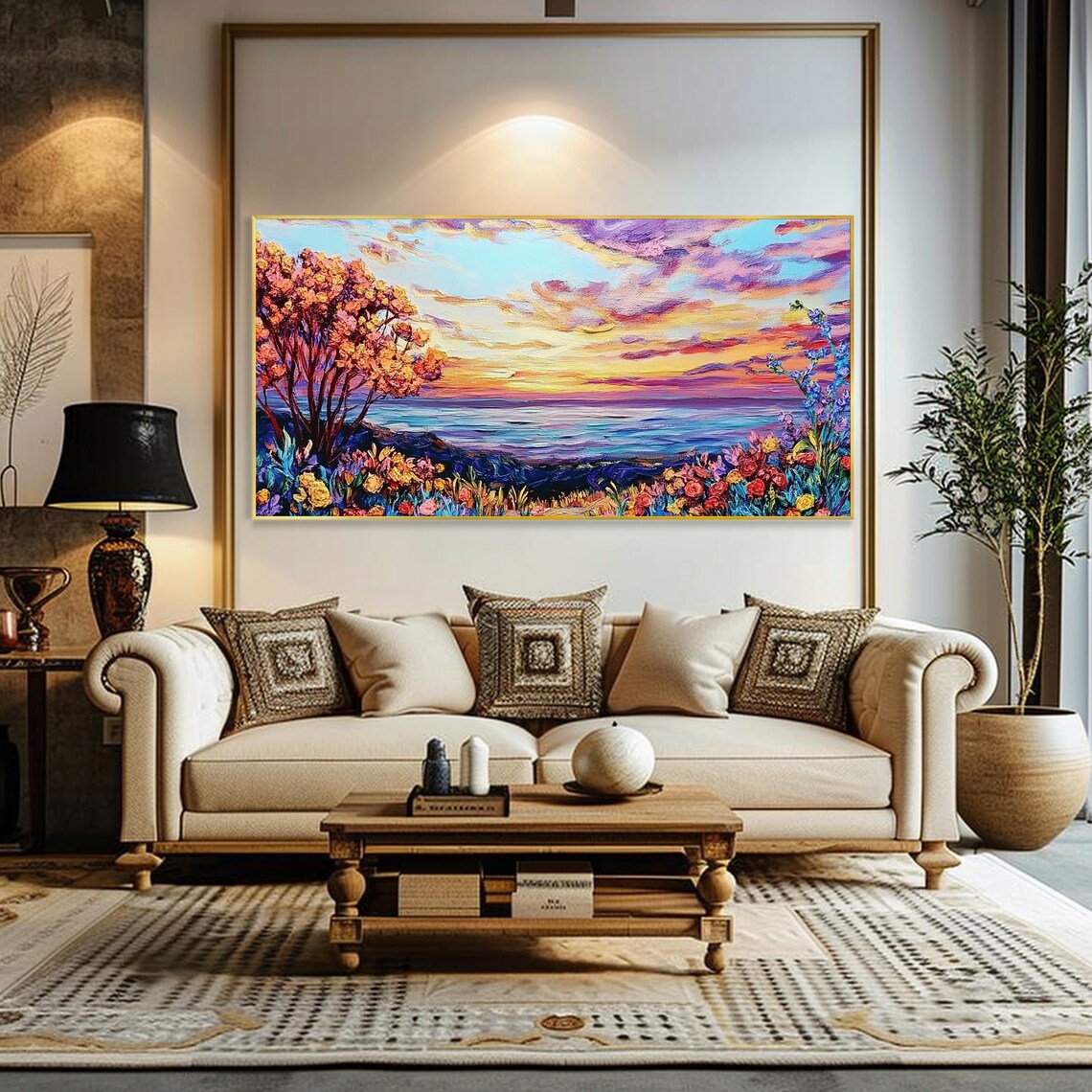 Ocean Sunset Flowers Oil Painting Palette Knife Seascape Blooms Wall Art Print - Image 2