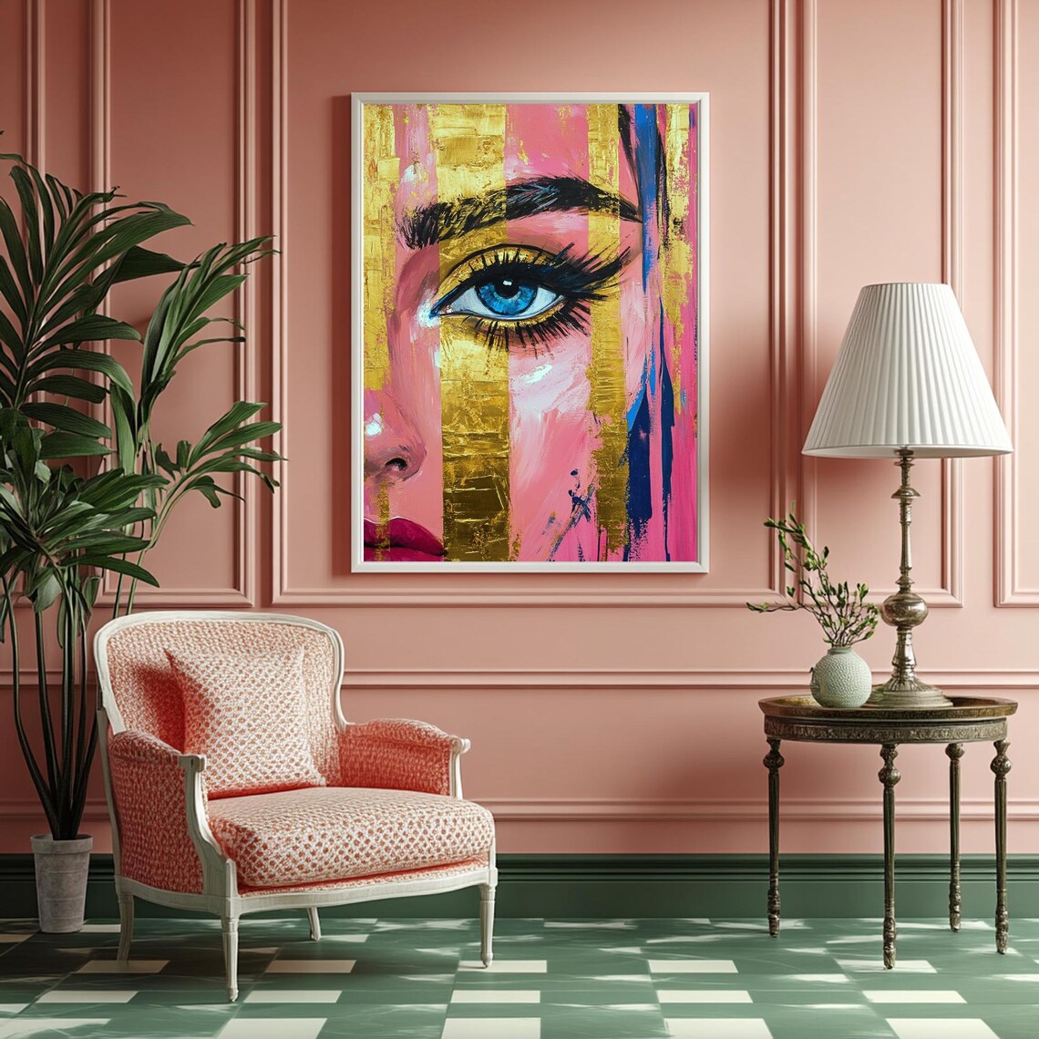 Blue Eye Close Up Gold And Pink Abstract Woman Face Modern Portrait Poster - Image 2