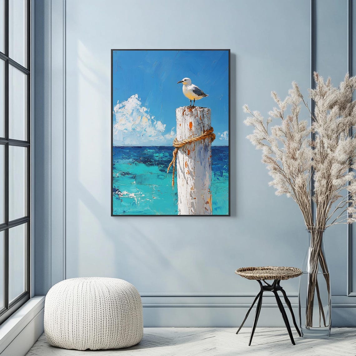Seagull On A Pole Art Print Bright Blue Sky Wall Art Nautical Home Decor Coastal Scenario Poster Large Blue Wall Art Minimalist Art