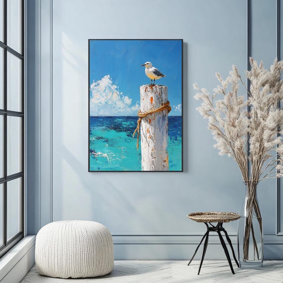Seagull On A Pole Art Print Bright Blue Sky Wall Art Nautical Home Decor Coastal Scenario Poster Large Blue Wall Art Minimalist Art