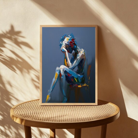 Colorful Abstract Seated Woman Blue Oil Painting Modern Poster