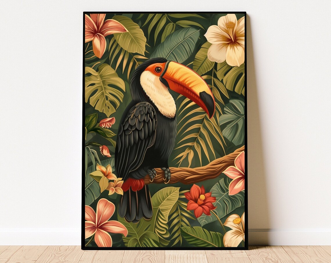 Colorful Toucan Tropical Jungle Bird Flowers Oil Painting Poster
