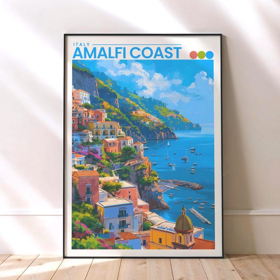 Amalfi Coast Travel Poster Colourful Italian Print Coastal Villages Wall Art