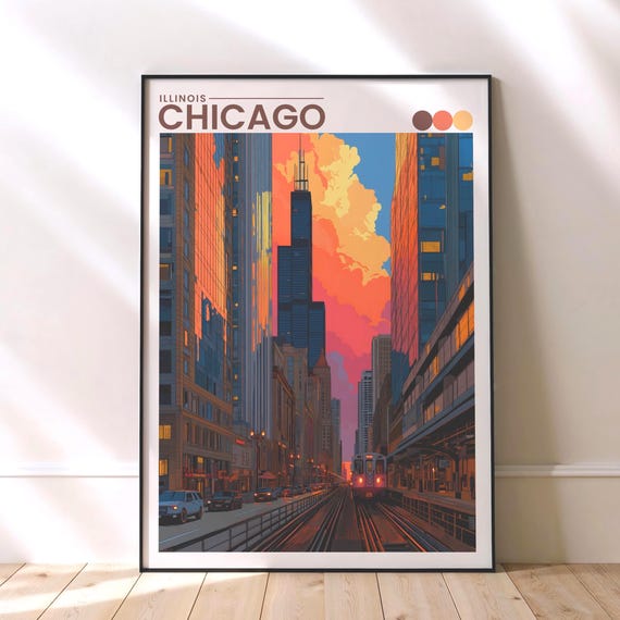 Chicago Skyline Travel Poster Sunset Cityscape Wall Art