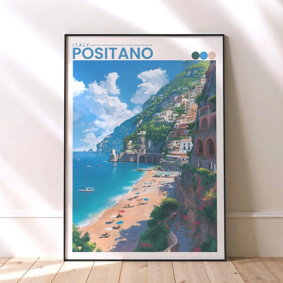 Positano Italy Sandy Beach Cove Amalfi Coast Cliffs Travel Poster