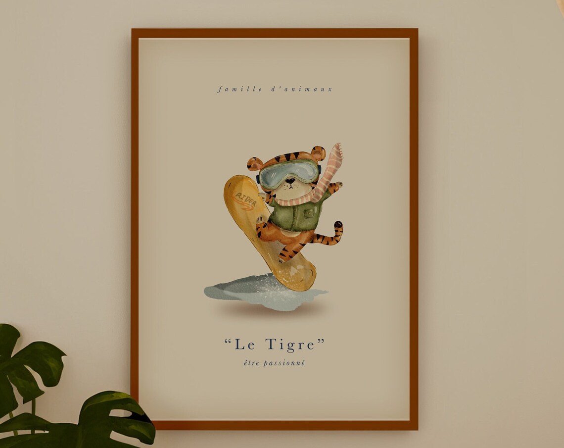 Tiger Snowboarding Funny Animal Art Print for Kids Room