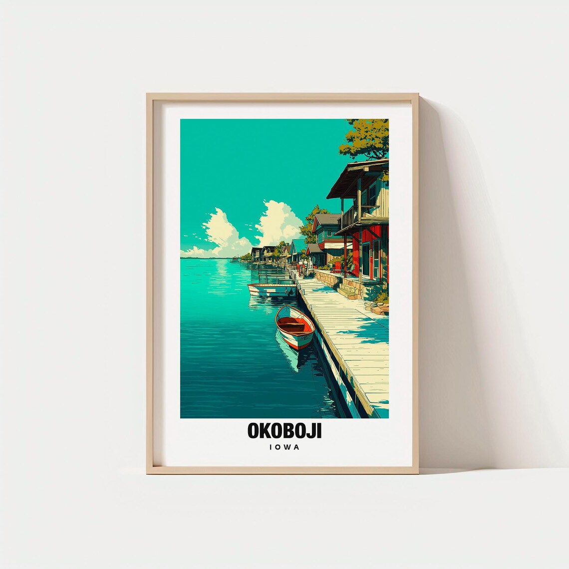 Okoboji Iowa Lakeside Boardwalk Marina Sunset Boats Travel Poster