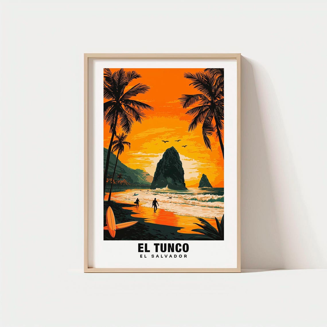 El Tunco El Salvador Sunset Surfers Beach Palm Trees Retro Poster