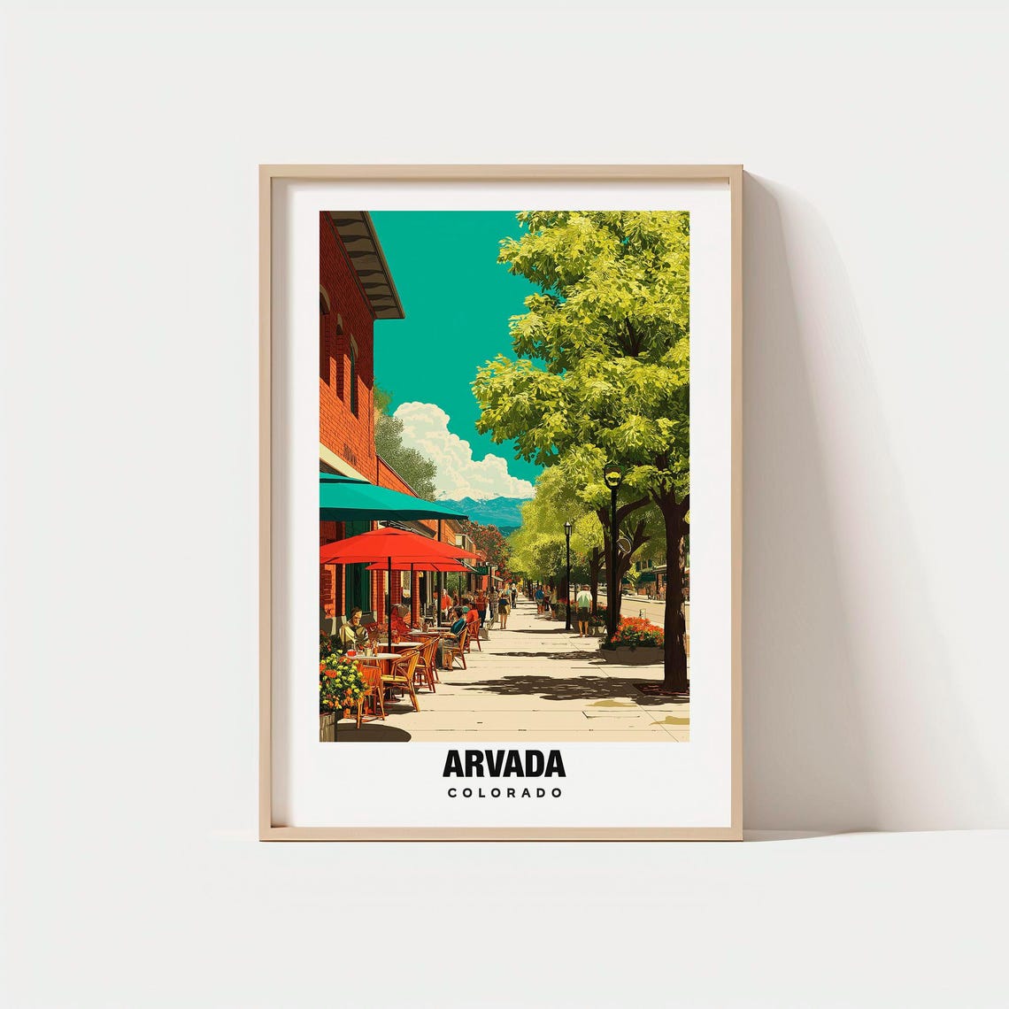 Arvada Colorado Tree Lined Main Street Cafe Scene Travel Poster