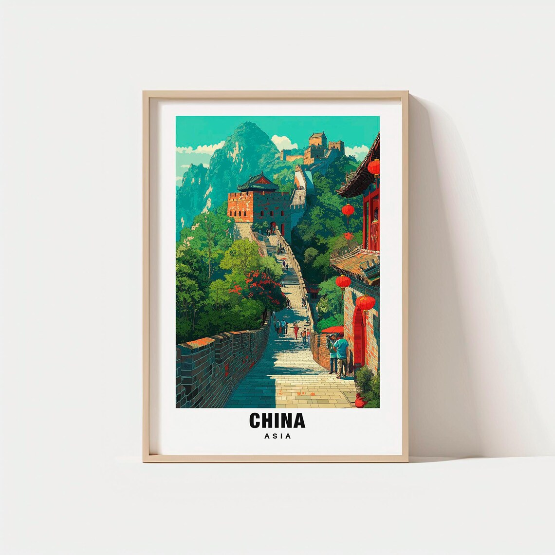 Great Wall of China Mountain Fortress Red Lanterns Hiking Poster