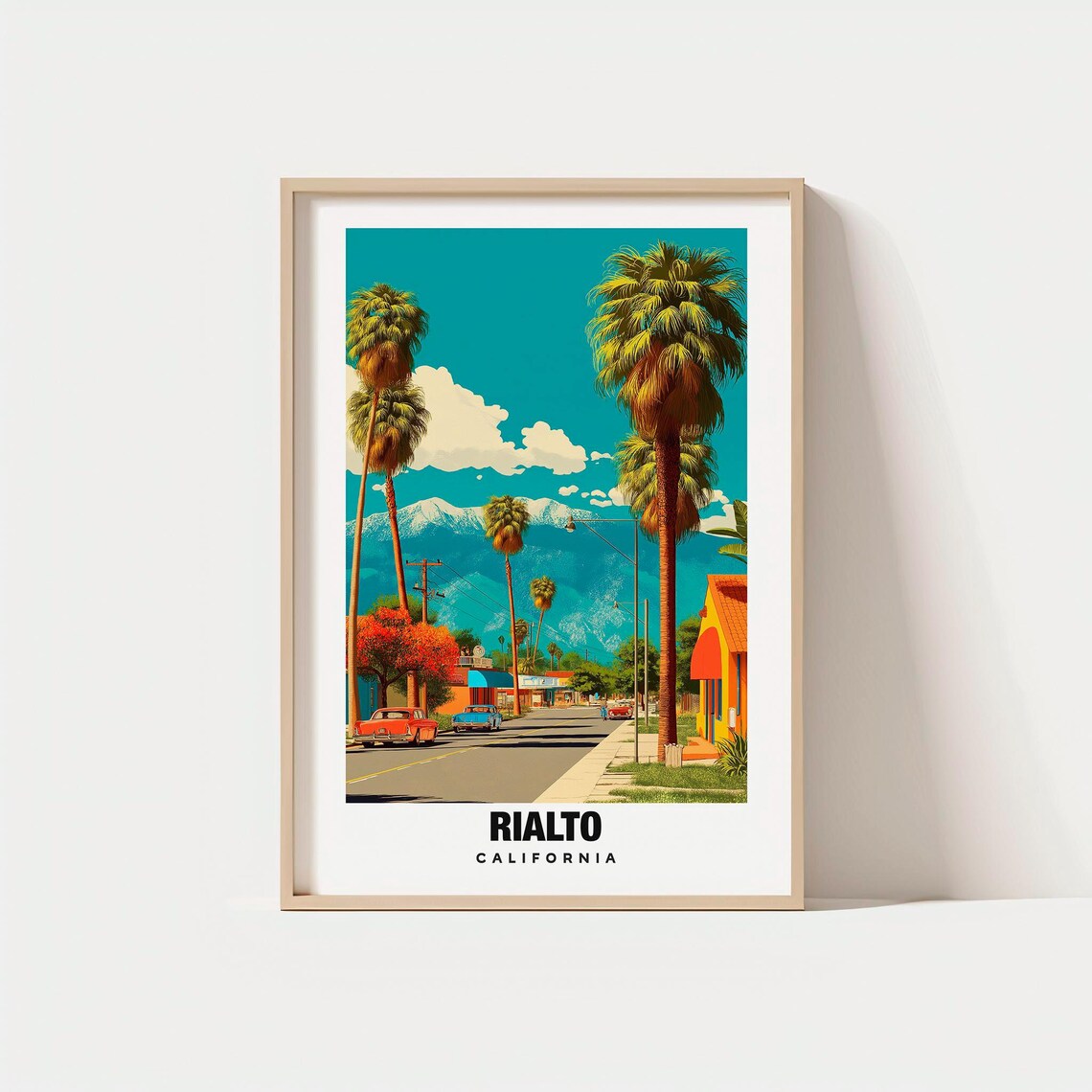 Rialto California Palm Lined Street Vintage Cars Mountain View Poster