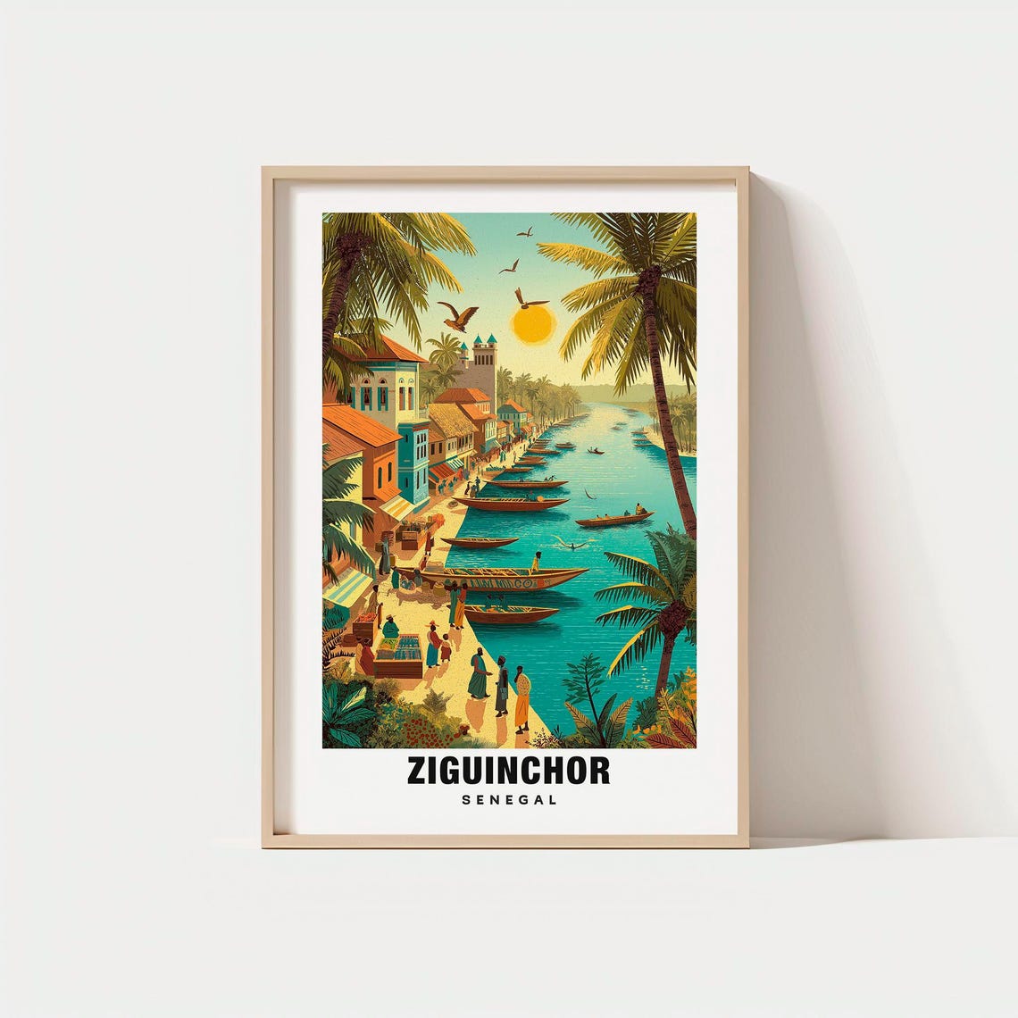 Ziguinchor Senegal Casamance River Town Canoes Market Day Poster
