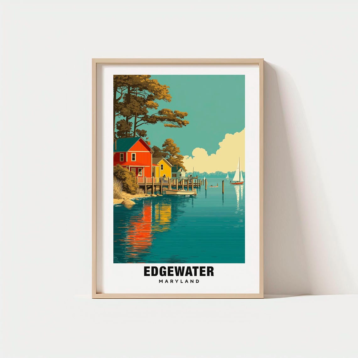 Edgewater Maryland Waterfront Cottages Vintage Travel Poster