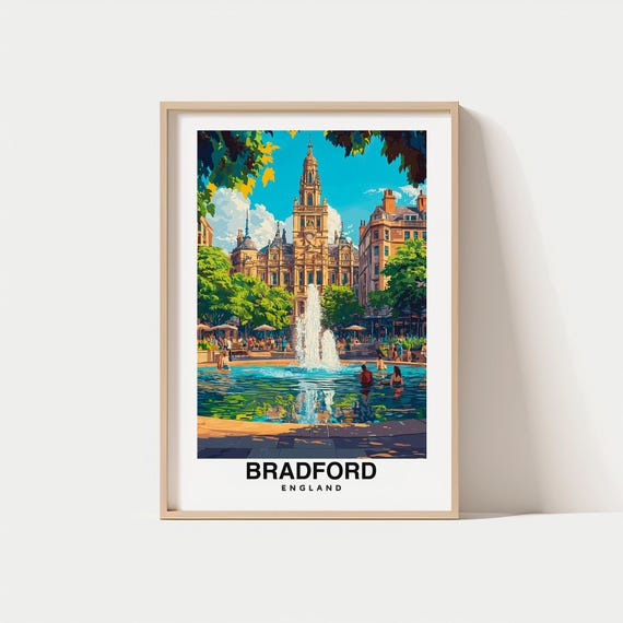 Bradford Print England Poster Travel Wall Art Scenic View Historic Architecture City Park Yorkshire Charm Industrial Heritage