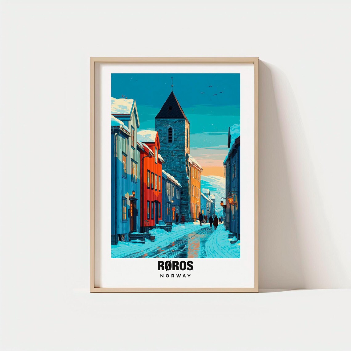 Roros Norway Winter Snow Street Wooden Houses Church Tower Poster