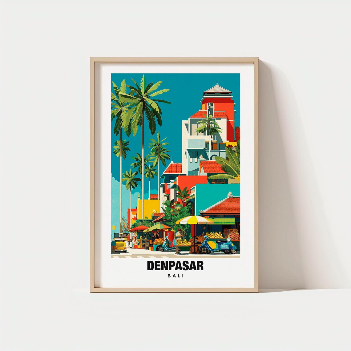 Denpasar Bali Sunny Tropical Street Market Scooter Travel Poster