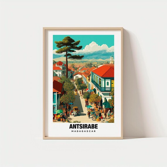 Antsirabe Madagascar Highland Street Market and Mountain Views Travel Poster